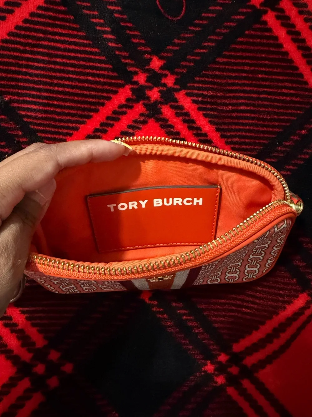 Tory Burch Orange and White Patterned Wristlet